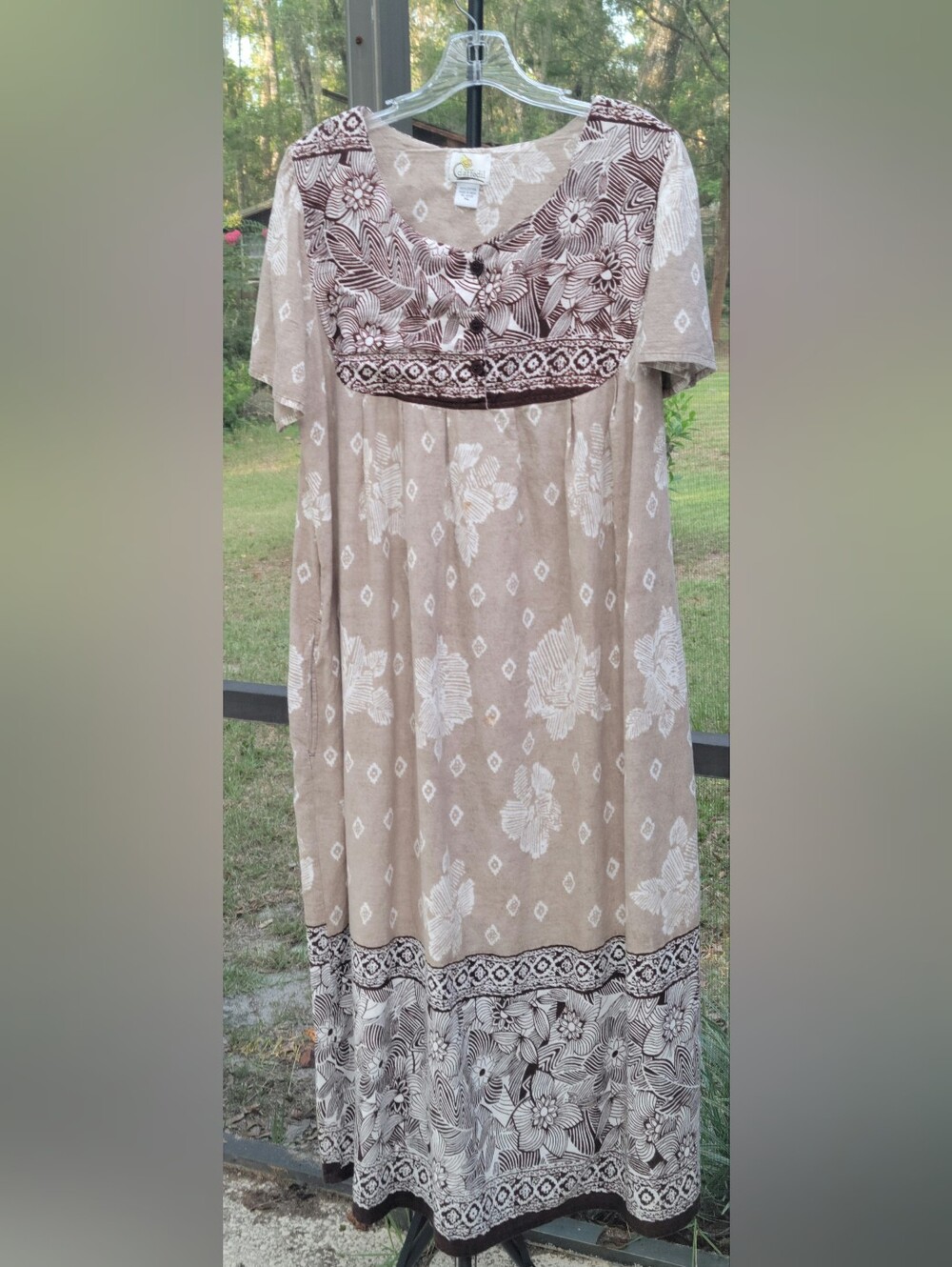 Daffodil XL 100% Cotton Tropical Floral Midi Dress Brown Short Sleeve Y2K